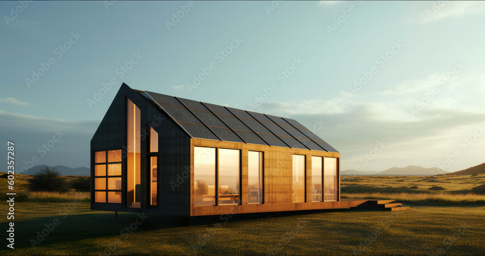 A small house sitting on top of a grass covered field. Tiny house, generative AI.