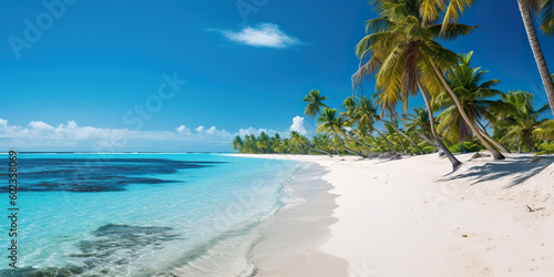 A beach with palm trees and clear water. Generative AI. © tilialucida