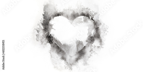 Watercolour splashes heart on white paper background.