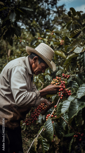 A man picking coffee beans from a tree. Generative AI.