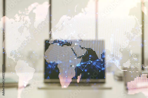Double exposure of abstract digital world map on computer background, big data and blockchain concept