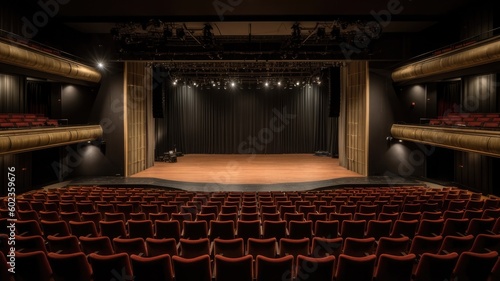 Theater auditorium with red seats and a spotlight on the stage - made with generative AI photo