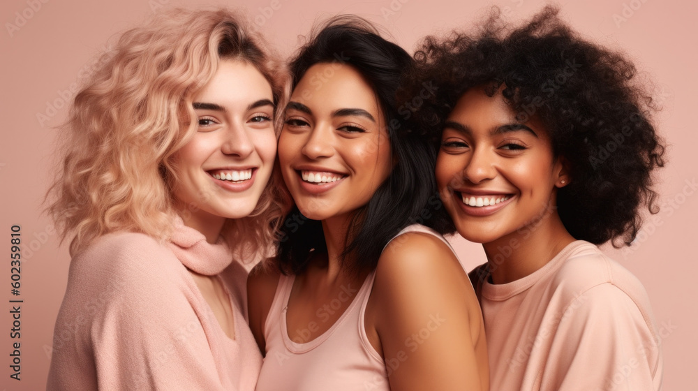 Happy women flipping their hair, embodying youthful exuberance. Generative AI Happy women flipping their hair, embodying youthful exuberance. Generative AI