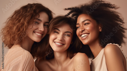 Young women laughing together in a light studio. Generative AI