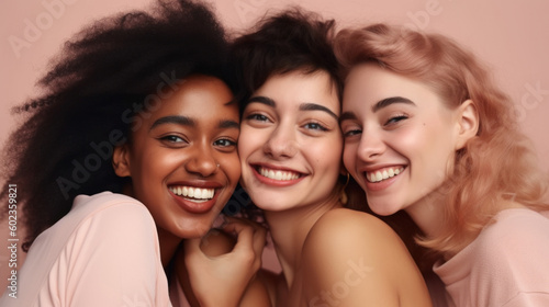 Laughter and style unite diverse women against a light backdrop. Generative AI