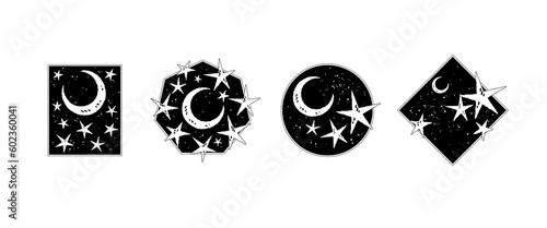 Set of geometric compositions with moon and stars