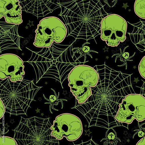 Seamless pattern of human skulls and cobwebs