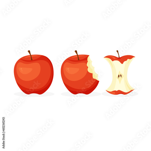 Full, bitten, half of apple and apple peeper. Cartoon icon set. Vector illustration in trendy flat style isolated on white background.