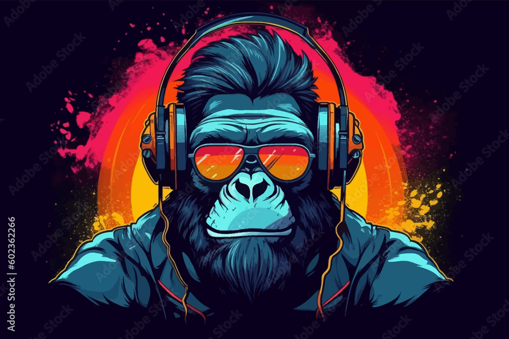 Gorilla with headphones listening to music. Black Cool Ape DJ. 
Isolated on black. Colorful 3D digital illustration