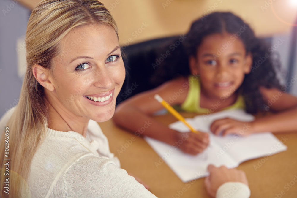 Portrait, woman and kid to learn for reading on desk in the classroom for studying. Teacher, smile and child learning for student with education at school to study with support or writing on a table. Portrait, woman and kid to learn for reading on desk in the classroom for studying. Teacher, smile and child learning for student with education at school to study with support or writing on a table.