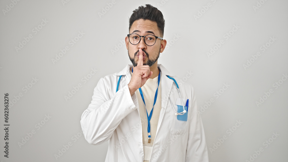 Young latin man doctor asking for silent over isolated white background Young latin man doctor asking for silent over isolated white background