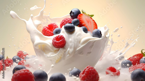 Fresh fruit yogurt, splash, front view.