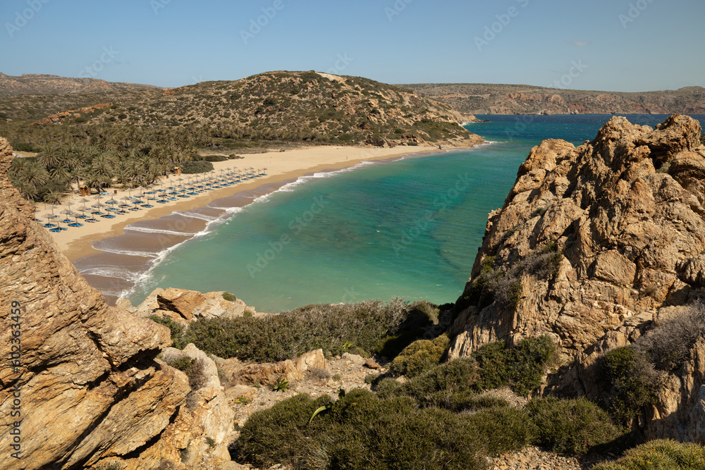 Top view of Vai beach with a wild palm forest on the southern coast of Crete, Greece