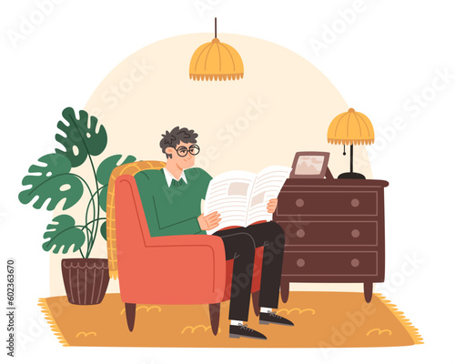 An elderly man sits in a comfortable chair and reads a newspaper in cozy living room in flat style