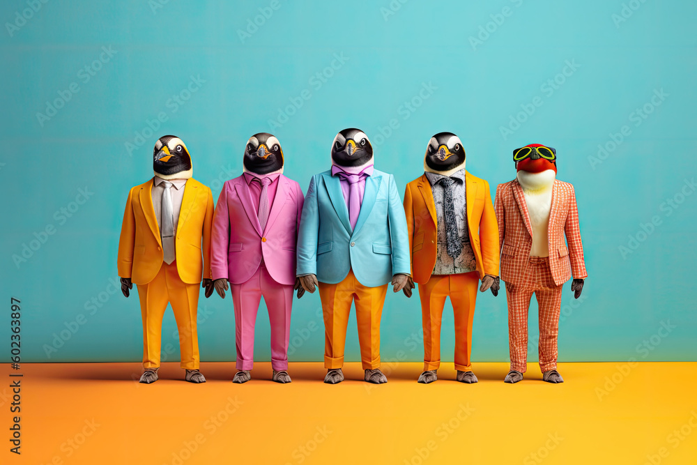 penguin boy band with colorful suit created with Generative AI technology penguin boy band with colorful suit created with Generative AI technology