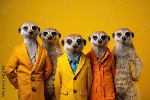 meerkat boy band with colorful suit created with Generative AI technology photo