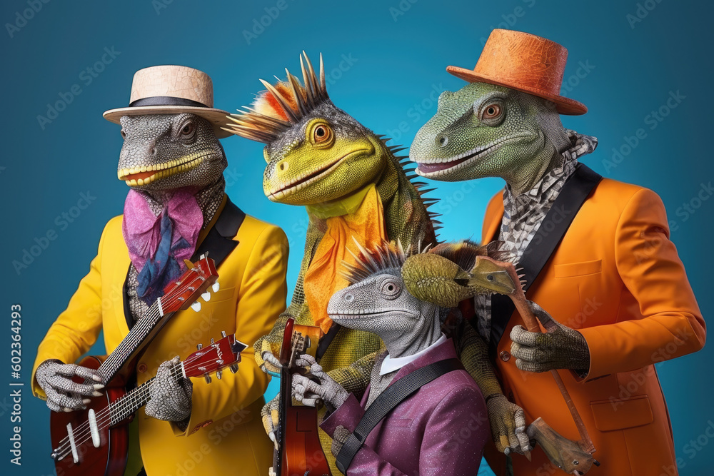 Cool iguana boy band with colorful suit holding guitar created with Generative AI technology