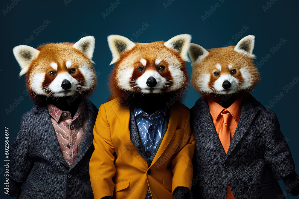 Red panda boy band with colorful suit created with Generative AI technology Red panda boy band with colorful suit created with Generative AI technology