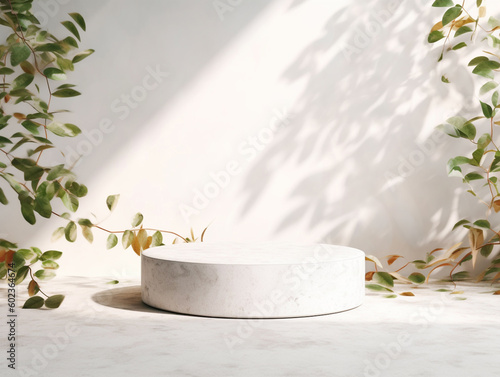 white natural podium pedestal product display background with texture and leaf shadow, luxury, elegant, modern, minimal created with Generative AI