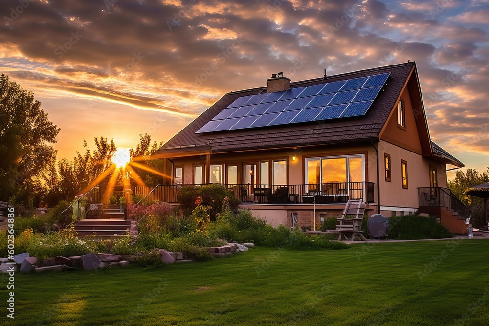 home with solar panels on the roof at sunset , ideal for sustainable energies backgrounds, generative AI home with solar panels on the roof at sunset , ideal for sustainable energies backgrounds, generative AI