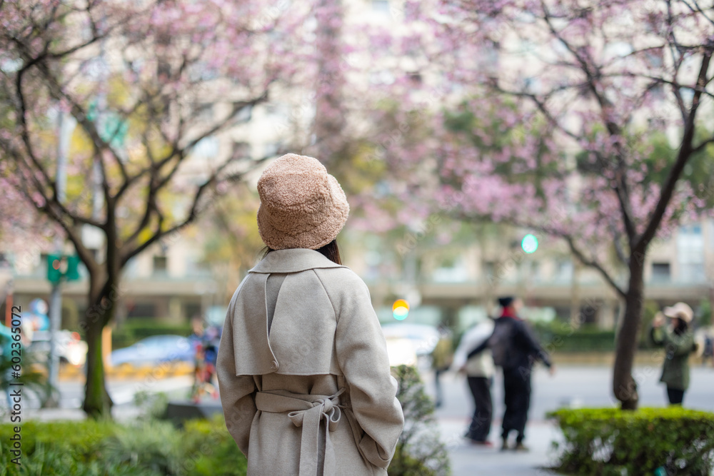 Woman look at the sakura tree in city