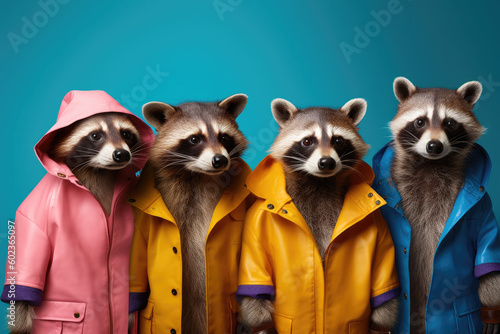 Cool racoon boy band with colorful suit created with Generative AI technology © Poprock3d