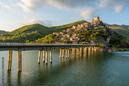 Panoramic sight in Castel di Tora with Lake Turano, beautiful village in the Province of Rieti. Lazio, Italy.