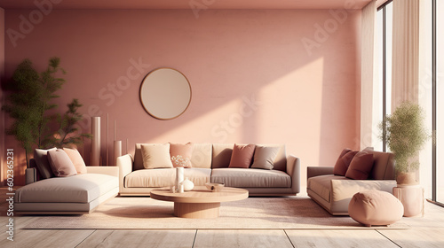 A living room with pink walls and furniture. Generative AI. © tilialucida