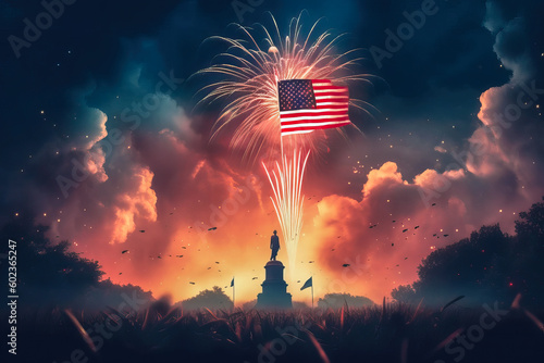 fireworks behind the statue on independence day. Patriotic postcard. 4th of July © zamuruev
