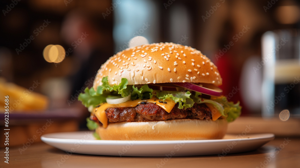 Closeup of hamburger on wooden table with blurred background, Generative AI Closeup of hamburger on wooden table with blurred background, Generative AI