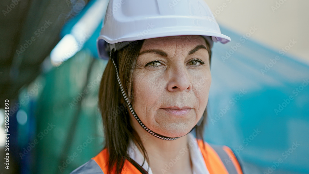 Middle age hispanic woman builder standing at construction place Middle age hispanic woman builder standing at construction place