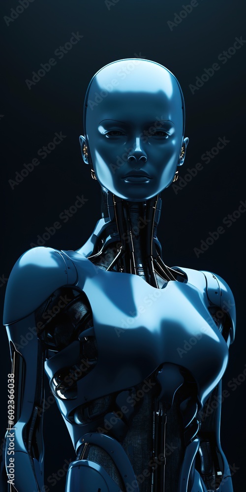 Luxurious humanoid robot made of high-tech synthetic metal and blue titanium material. Generative AI