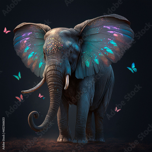 Fantasy elephant around which butterflies fly. 