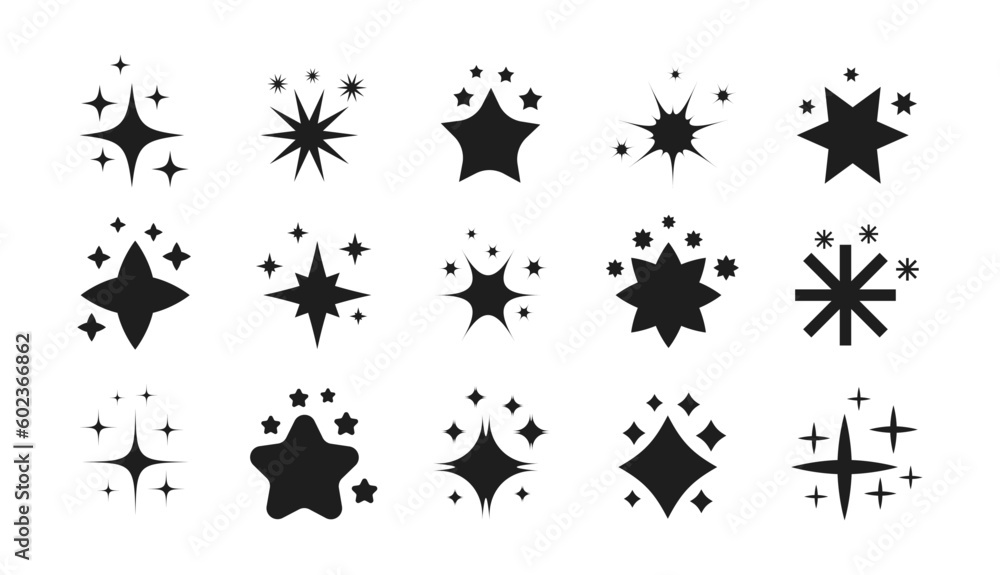 Set of Star Shapes. Twinkle star shapes vector design. Cool Sparkle Icons Collection. Set of star elements of various shapes.
