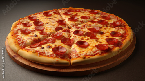 Pepperoni pizza on a wooden board, close-up, Generative AI