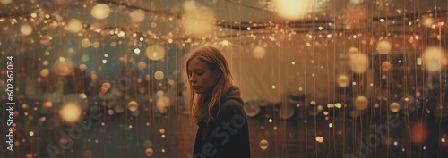 lonely girl at christmas. Christmas lights in the background, in the style of moody tonalism, creative commons attribution, casey childs, redscale film, sparklecore, created with generative ai