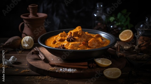 Chicken tikka masala with rice on dark rustic background - made with generative AI