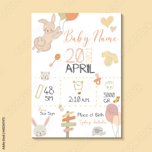 Baby birth poster. Vector illustration of soft colorful teddy bear, bunny, balloon, baby clothes, baby toys, height, weight, date of birth on white background. Illustration for kids bedroom.