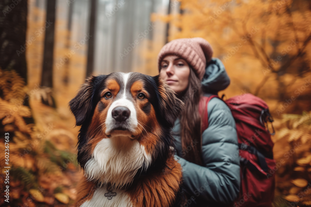 Young woman with her dog bernese shepherd in a autumn forest