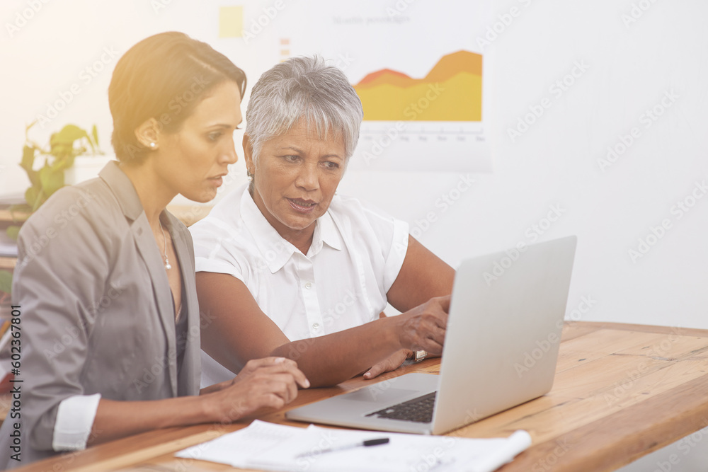 Planning, teamwork and business women on laptop for digital analytics, data analysis or review online report. Professional people reading results on computer with focus, solution or problem solving Planning, teamwork and business women on laptop for digital analytics, data analysis or review online report. Professional people reading results on computer with focus, solution or problem solving