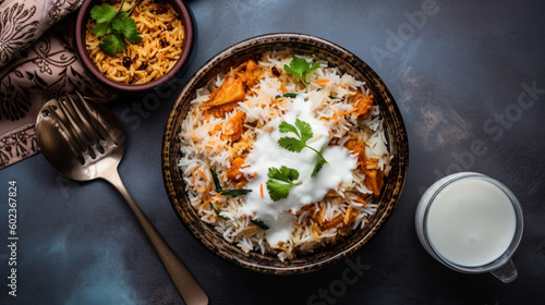 Bowl of rice with meat and vegetables on dark background. Top view, Generative Ai