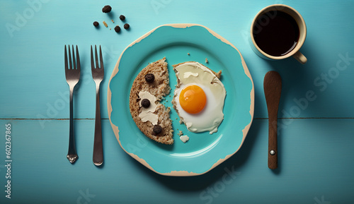 Top view of Healthy breakfast with fried egg, omelet and fruits on a wooden background, Generative Ai