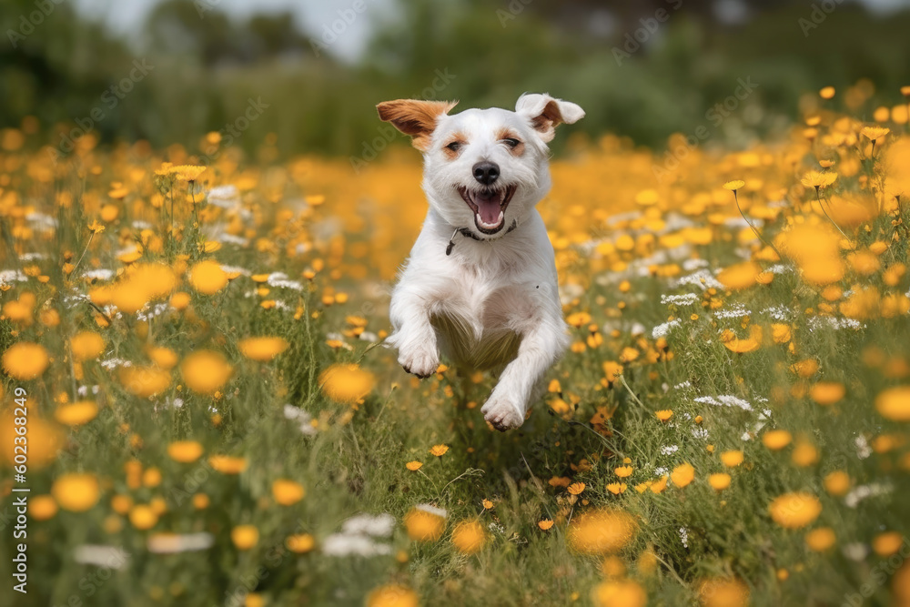 Playful and happy dog runs through a flower field Playful and happy dog runs through a flower field