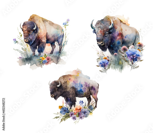 Watercolor buffalos animals created with Generative AI technology