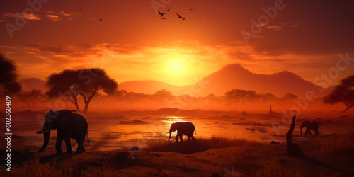 Three elephants near the dried river in Africa. Animals in the search of food and water at sunset. Generative AI.