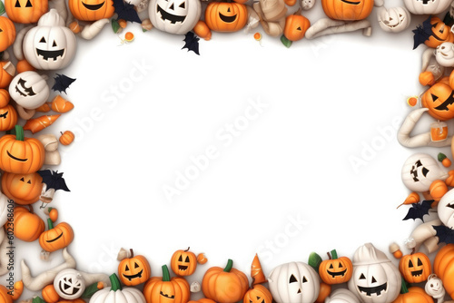 White blank vertical sheet around it halloween elements - pumpkins, bats, ghosts, skeletons. ai generative
