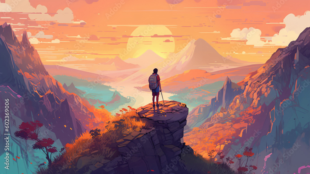 Fototapeta premium Conquering the Summit: Hiker's triumph on the peak of the Mountain, generative AI