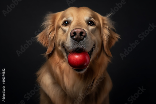 Golden retriever with an apple in his mouth  dark background