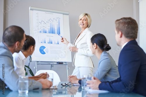 People in a business meeting, presentation with data analytics and woman speaker, leadership and graphs. Analysis of research in seminar in conference room with corporate group in collaboration