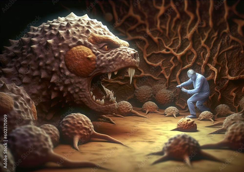 Obraz premium Superbug strain bacterial concept of MRSA. Like an artistic representation of a killer microbe. A 3D realisation of the medical health risk and the health threat of antibacterial resistance. .Generati